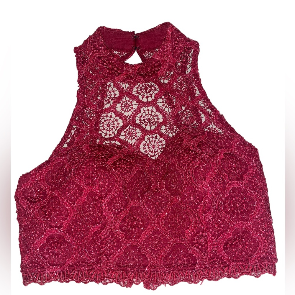 Sequin Hearts - Lace Sequin Crop Top Women’s Size 5 - Red V-Back Scallop Hem